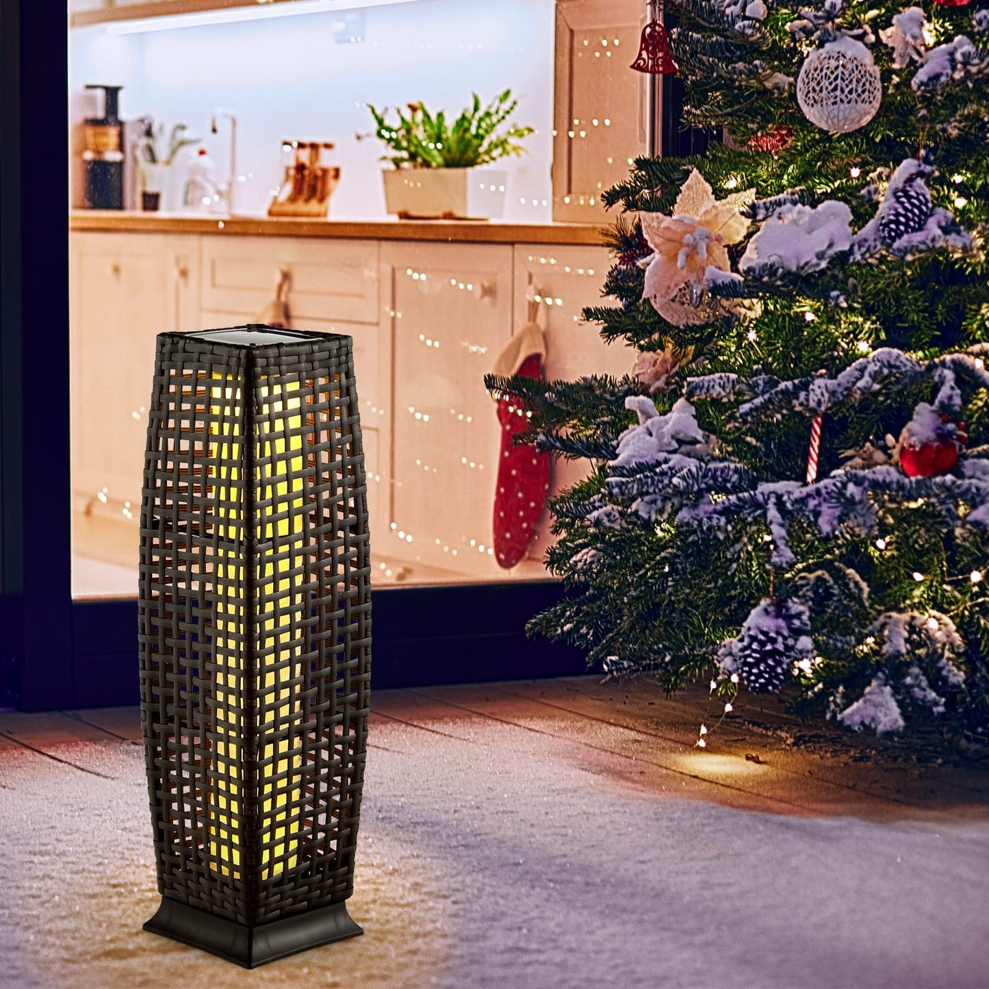 Tangkula 2-Piece Outdoor Solar Powered Floor Lamps, IP65 Waterproof Wicker Floor Lamps with Auto On/Off LED Light