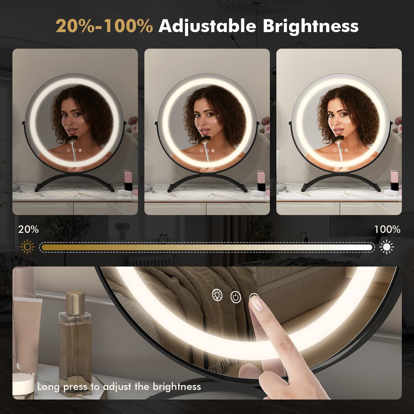 Tangkula Miroir de courtoisie de 16 po avec lumières, miroir de maquillage lumineux à LED à 3 couleurs à intensité variable avec écran tactile