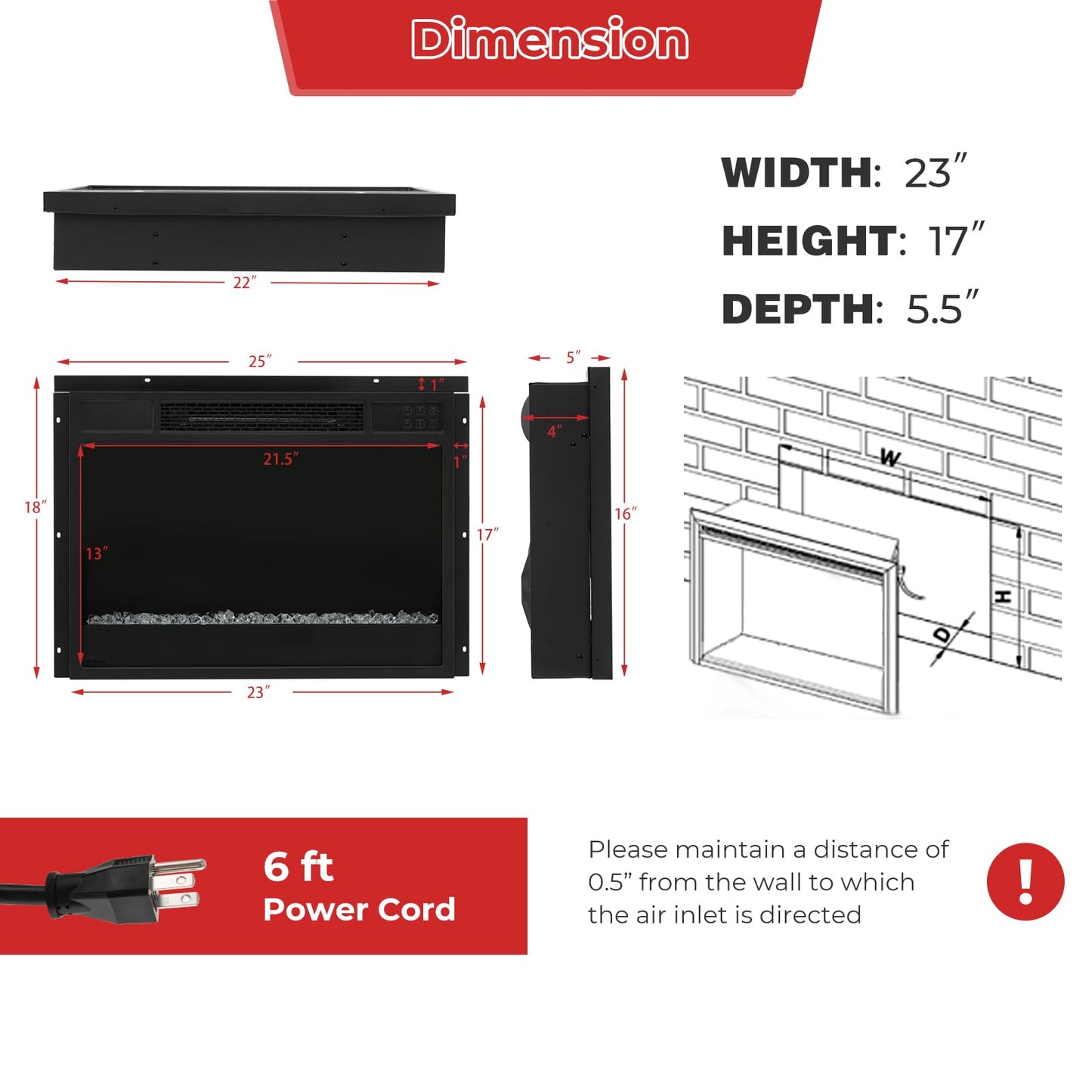 23-Inch Infrared Quartz Electric Fireplace Insert with Remote Control, 1500W - Tangkula