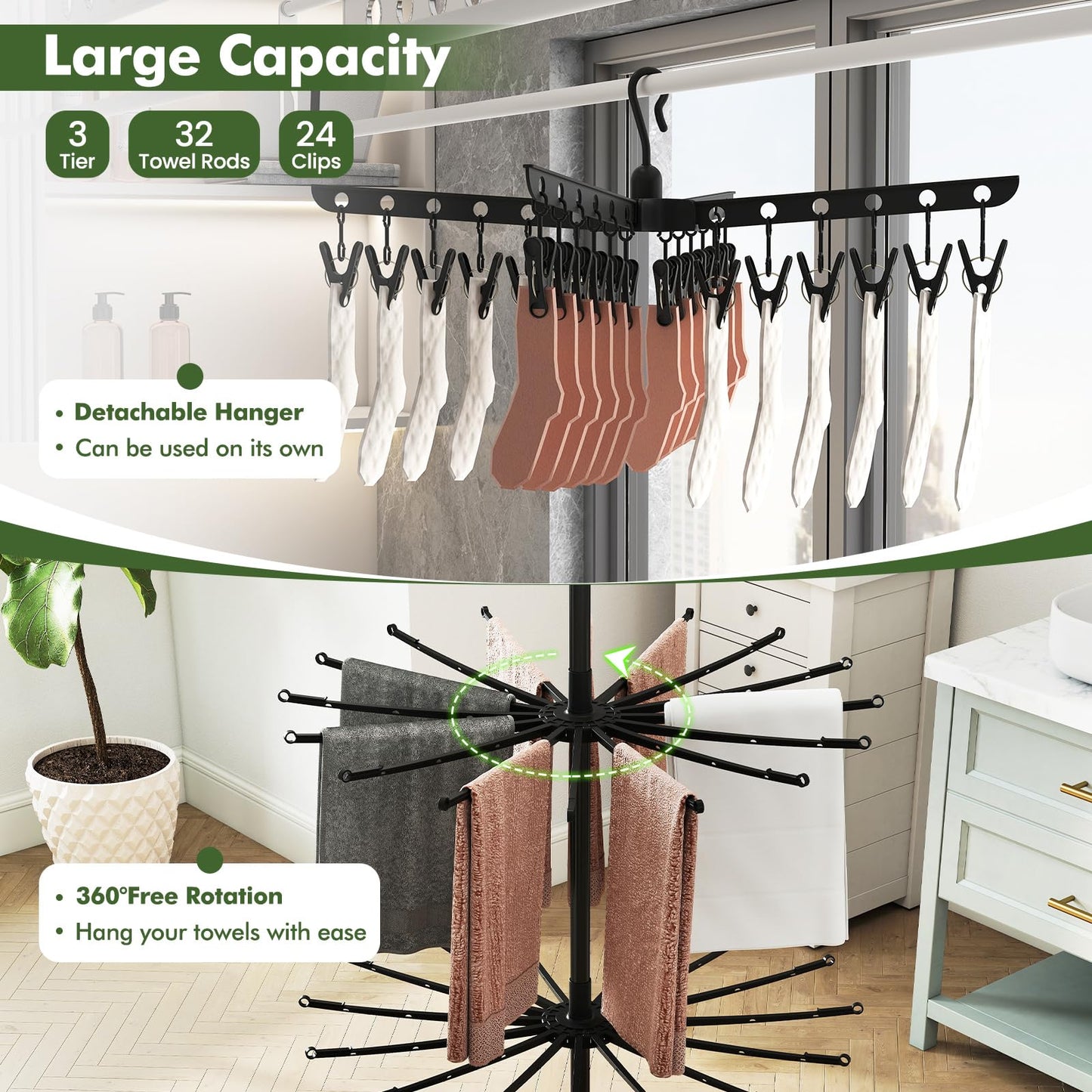 Tangkula 70"H 3-Tier Portable and Foldable Drying Rack with 32 Rods