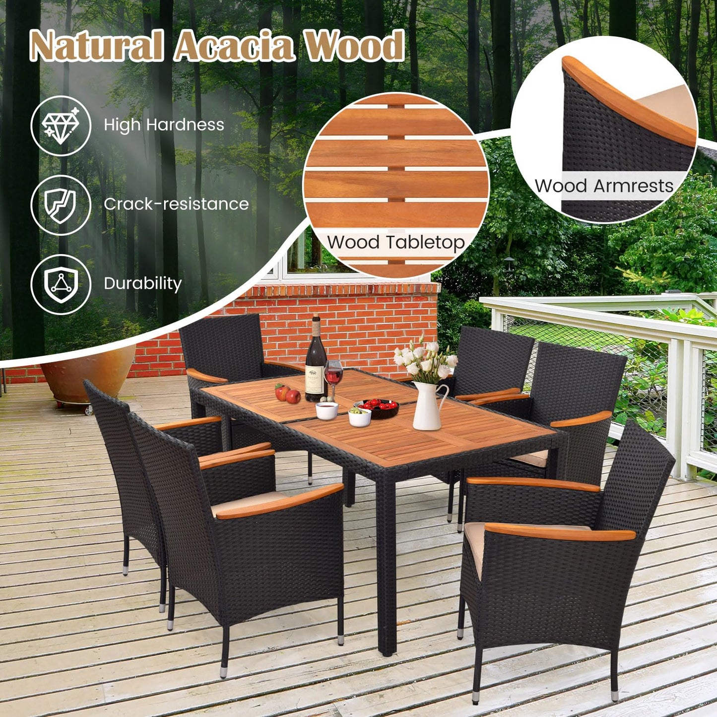 Tangkula 7 PCS Outdoor Dining Set, Patio Conversation Set with Acacia Wood Tabletop, Umbrella Hole, Removable Seat Cushions