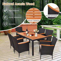 Tangkula 7 PCS Outdoor Dining Set, Patio Conversation Set with Acacia Wood Tabletop, Umbrella Hole, Removable Seat Cushions