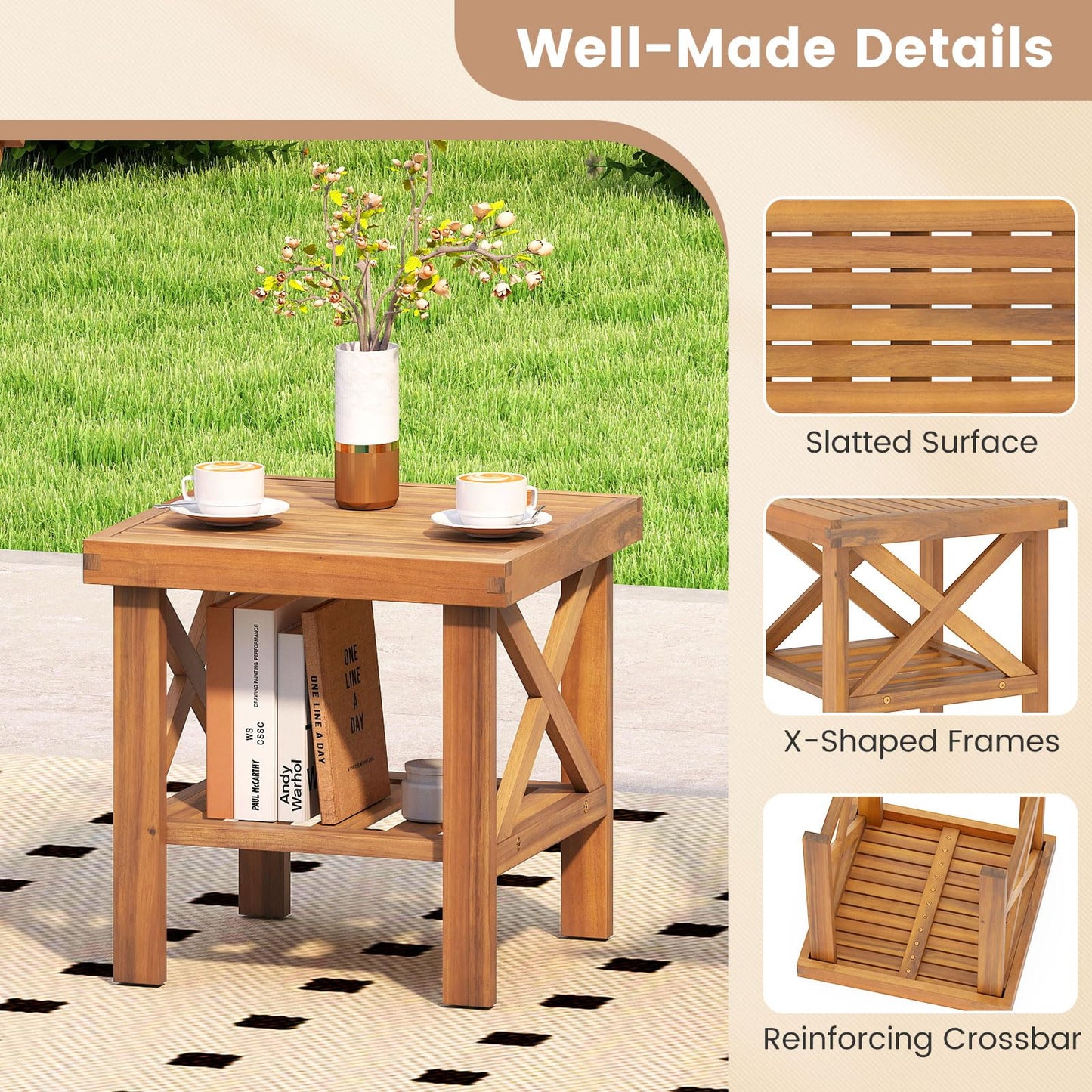 Tangkula Outdoor Side Table with Storage Shelf for Small Space