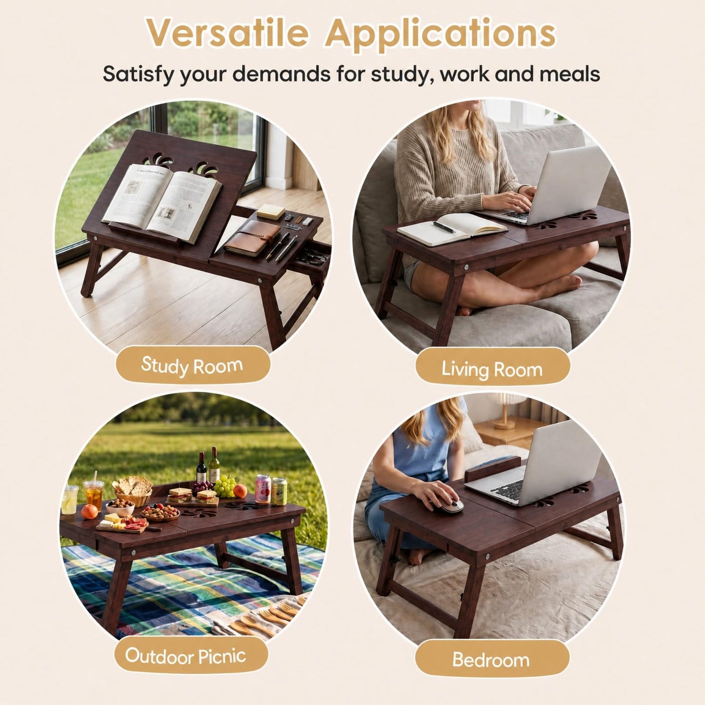 Tangkula Portable Bamboo Laptop Desk for Bed with Tilting Top