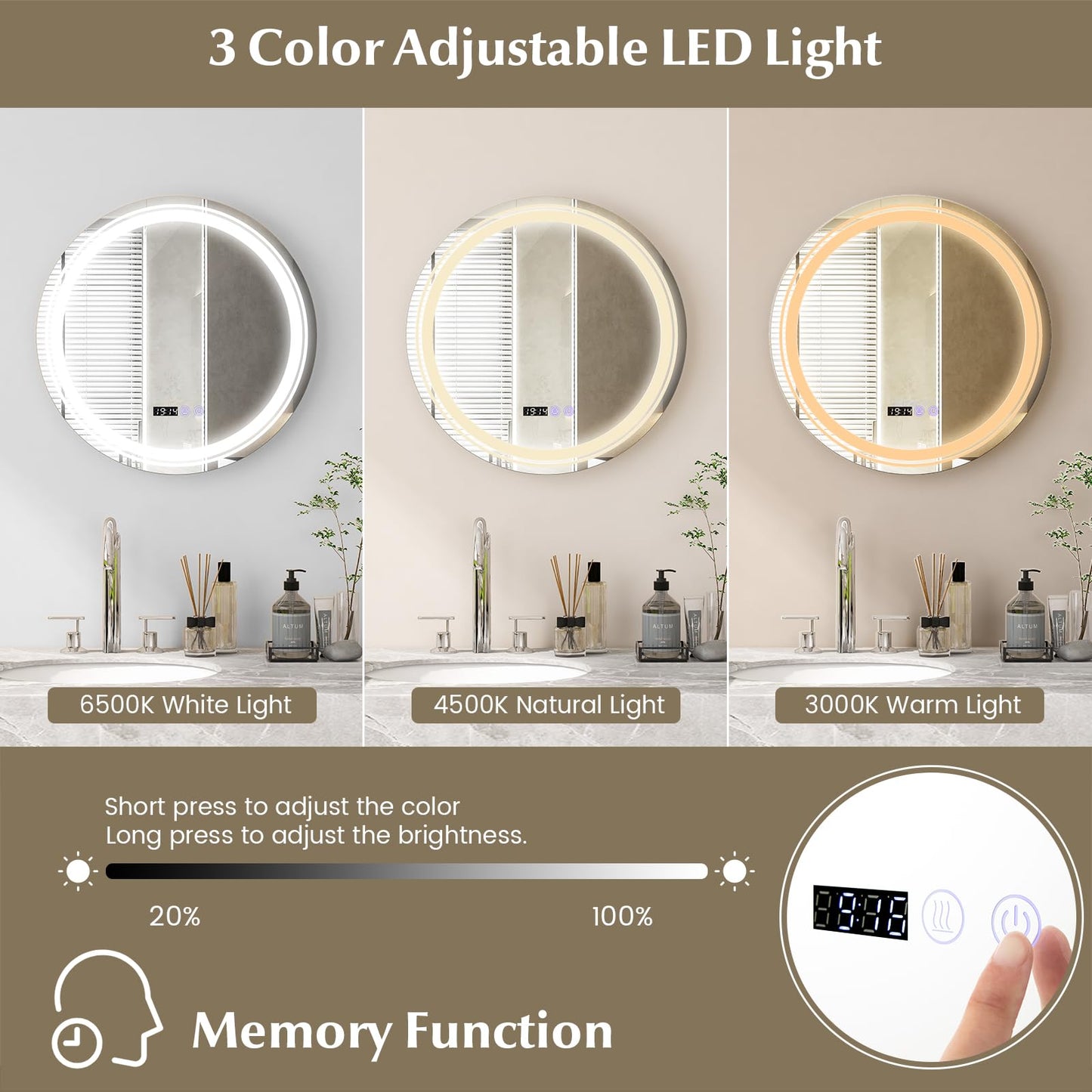 Miroir de salle de bain rond Tangkula avec LED