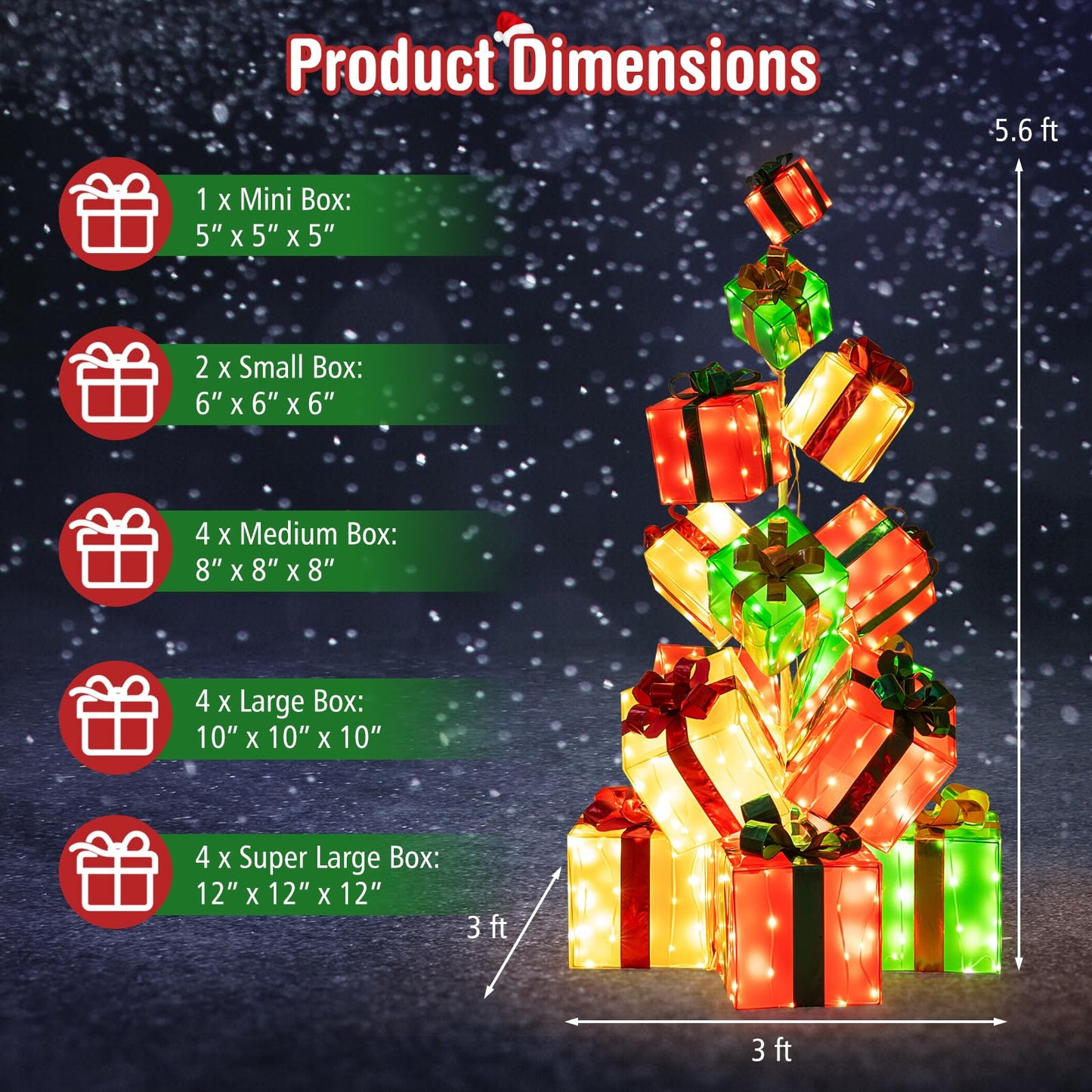 Tangkula Tour de cadeaux pré-éclairée de 1,70 m avec 15 boîtes de Noël lumineuses, nœud et 483 ampoules LED