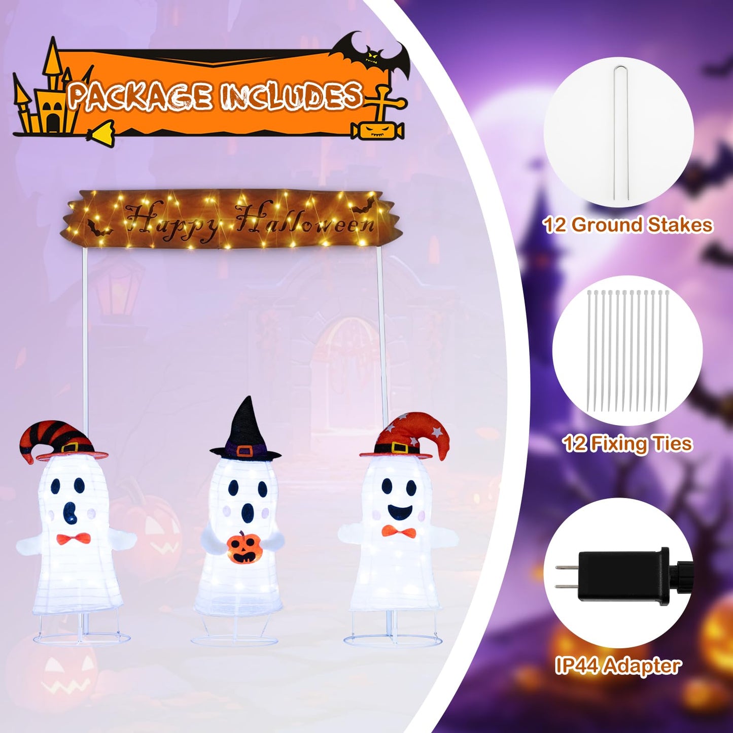 Tangkula Halloween Lighted 3 Pop up Ghosts with Gate