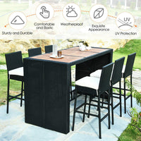 Tangkula 7 PCS Outdoor Wicker Furniture with Acacia Wood Bar Table Top and Removable Cushion