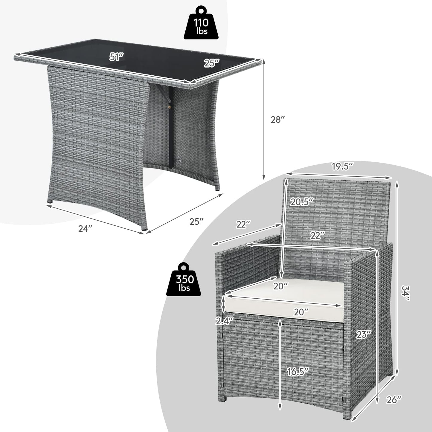 3 Pieces Patio Dining Set, Patiojoy Space-Saving PE Rattan Bistro Set with Tempered Glass Top Table and Cushioned Chairs