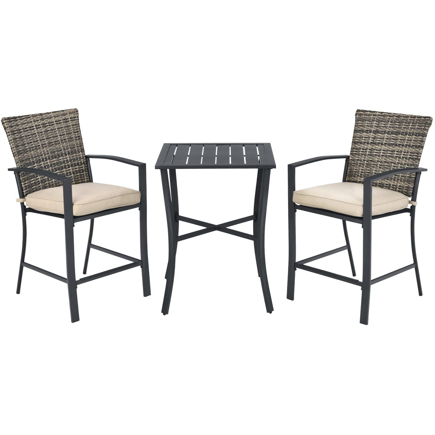 3 Piece Patio Bar Set, Outdoor Bar Stool Bistro Set w/ 27.5" Square Table, 2 Wicker Cushioned Chairs