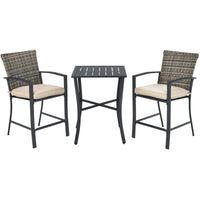 3 Piece Patio Bar Set, Outdoor Bar Stool Bistro Set w/ 27.5" Square Table, 2 Wicker Cushioned Chairs