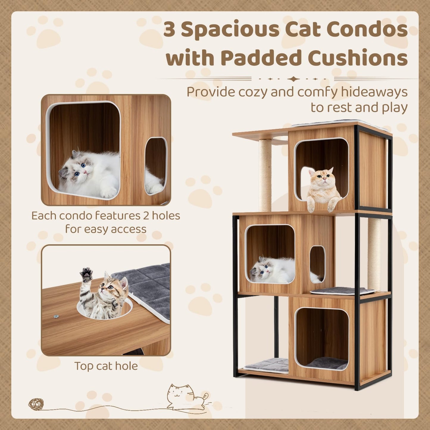 Tangkula Modern Cat Tree, 52 Inch Wooden Cat Condos with Metal Frame, Sisal Scratching Posts & Board