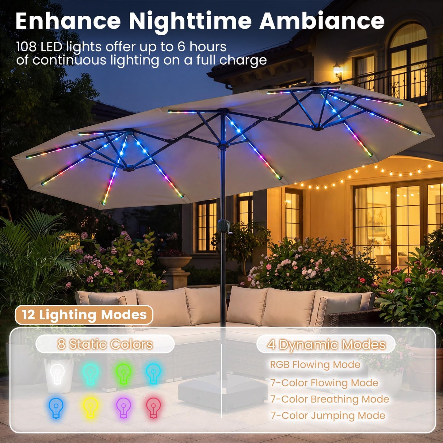 Tangkula 13 Ft Solar Patio Umbrella with Multi-Colored Flowing LED Lights
