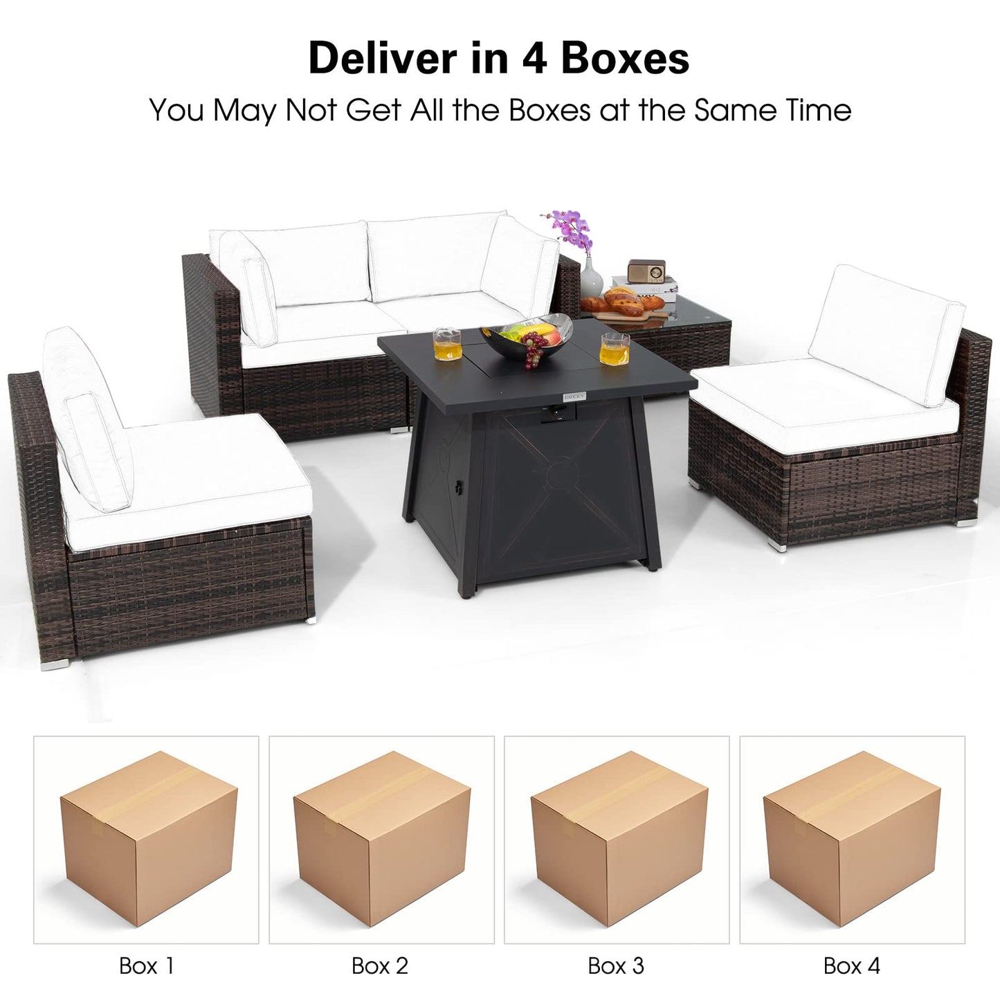 Tangkula 6-Piece Outdoor PE Wicker Conversation Set Cushions and Tempered Glass Coffee TableGas Fire Pit Table with 50,000 BTU