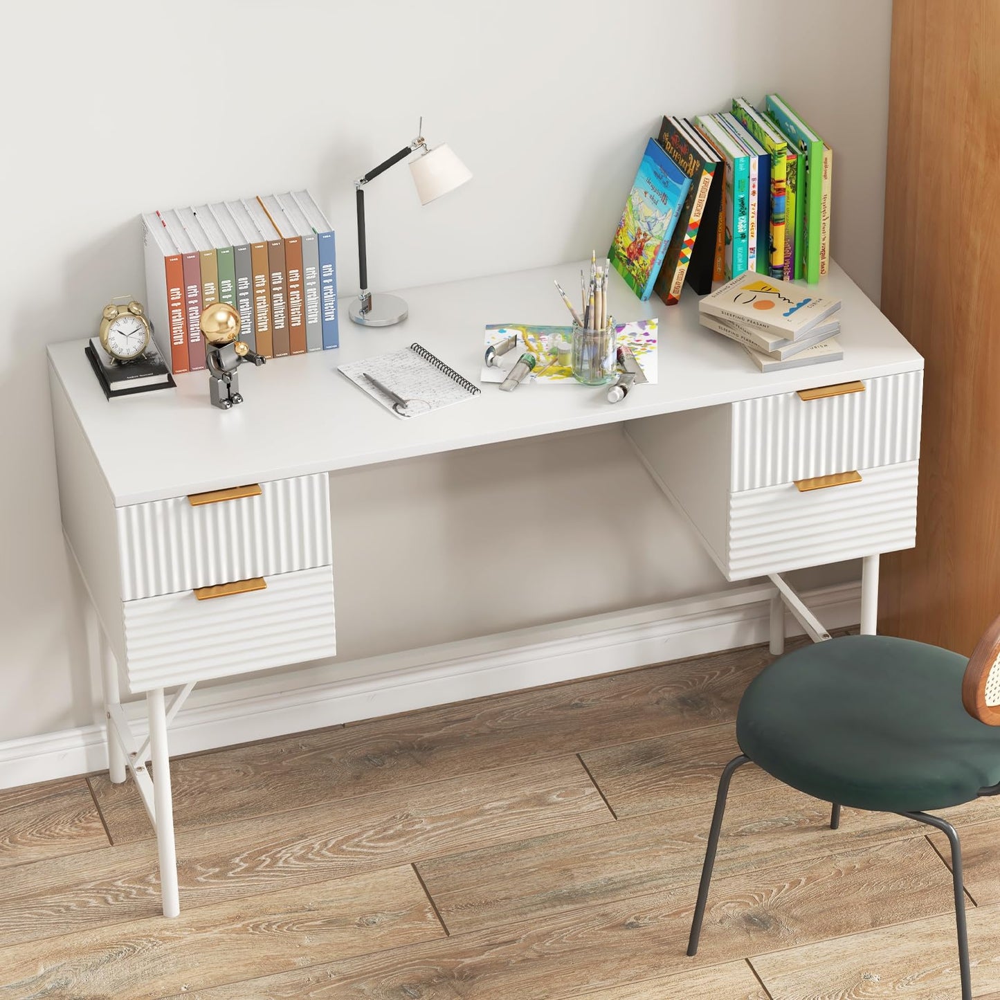 Tangkula White Desk with 4 Drawers, 48 Inch Home Office Desk with Storage, Writing Desk with Metal Frame for Bedroom, Study, Office