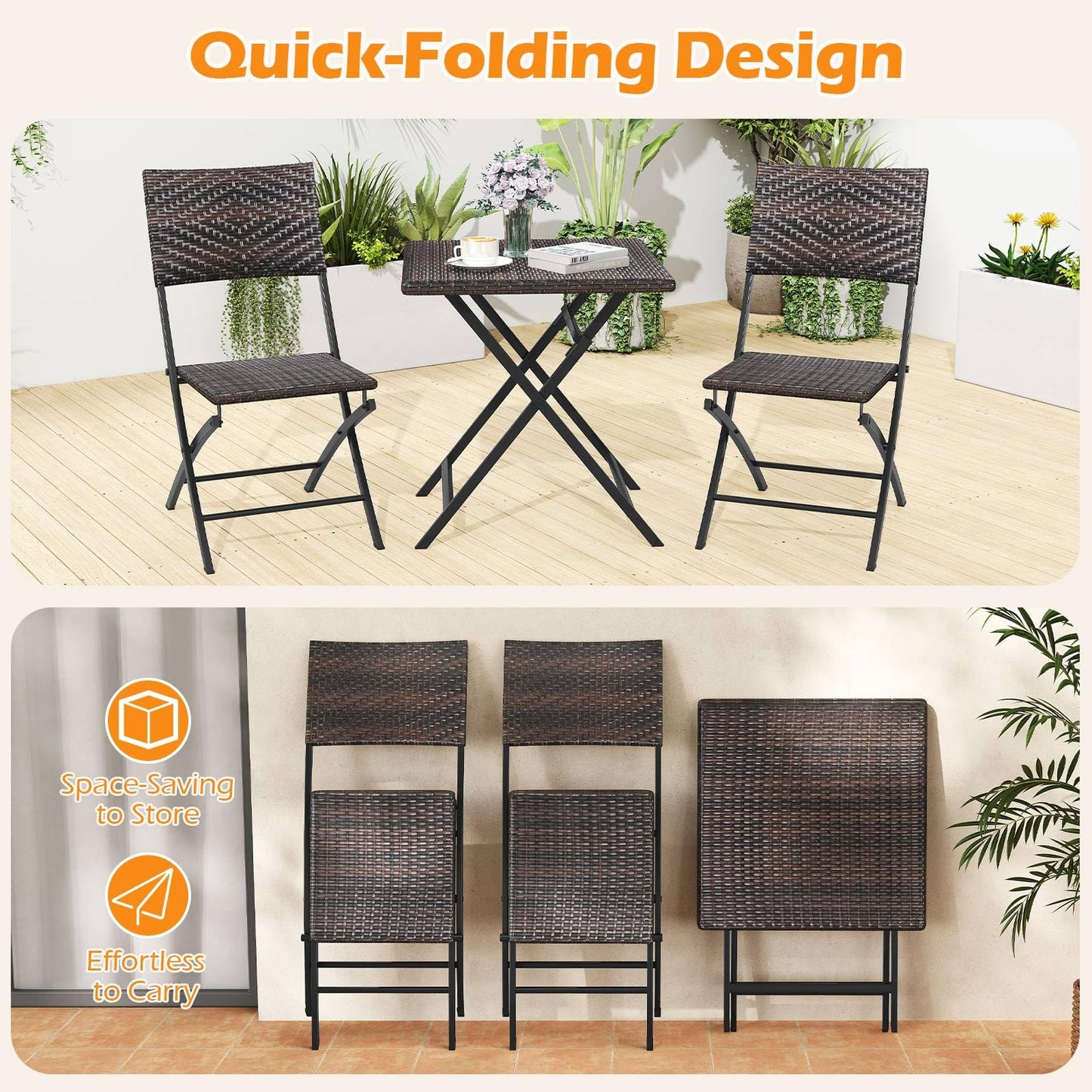 Tangkula 3 Piece Outdoor Folding Bistro Set