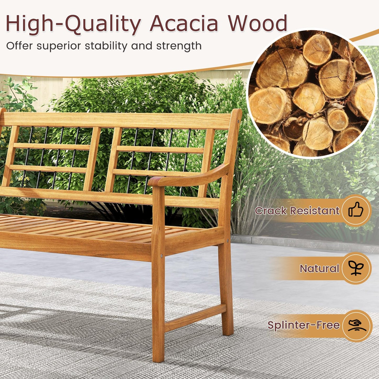 Tangkula Patio Acacia Wood Bench, Wooden 2-Person Outside Chair w/Curved Armrests