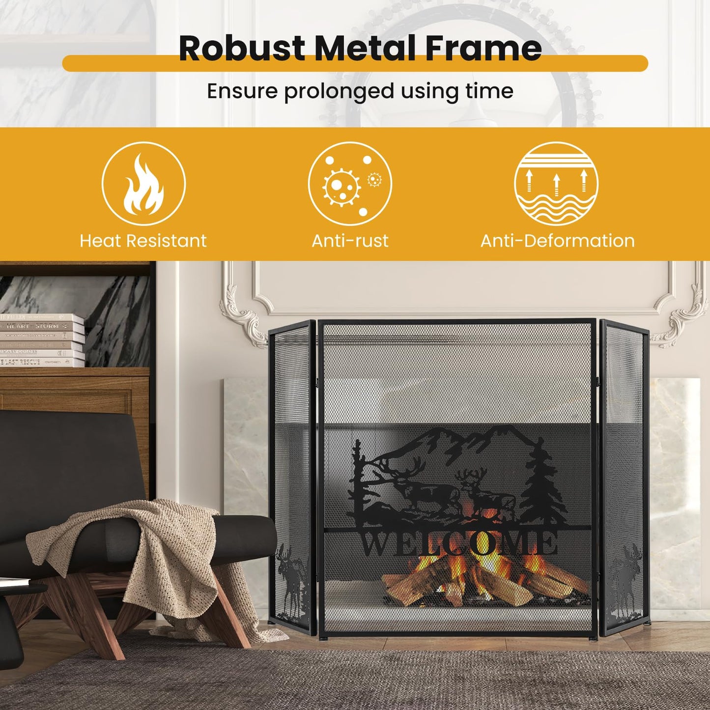 Tangkula 52 x 31 Inch Fireplace Screen, 3-Panel Folding Spark Guard w/Natural Scenery & Moose Pattern