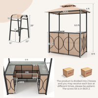 Ensemble de bar de terrasse 3 pièces Tangkula, tonnelle de barbecue et 2 tabourets de bar avec table de bar en verre trempé, étagères de rangement en métal