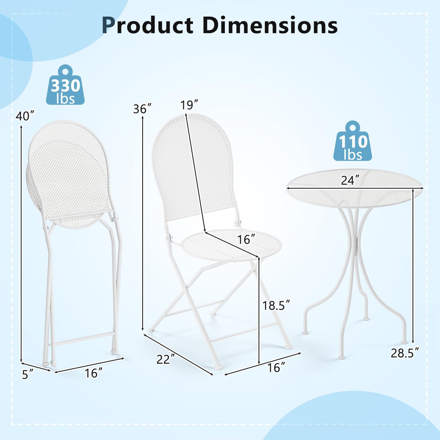 Tangkula 3 Pieces Patio Bistro Set, Metal Table and Folding Chair Set for 2