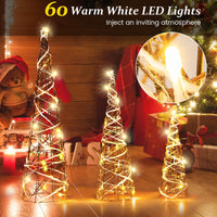 Tangkula Set of 3 Lighted Christmas Rattan Cone Trees, Holiday Decorative Trees with LED Lights and Metal Frame