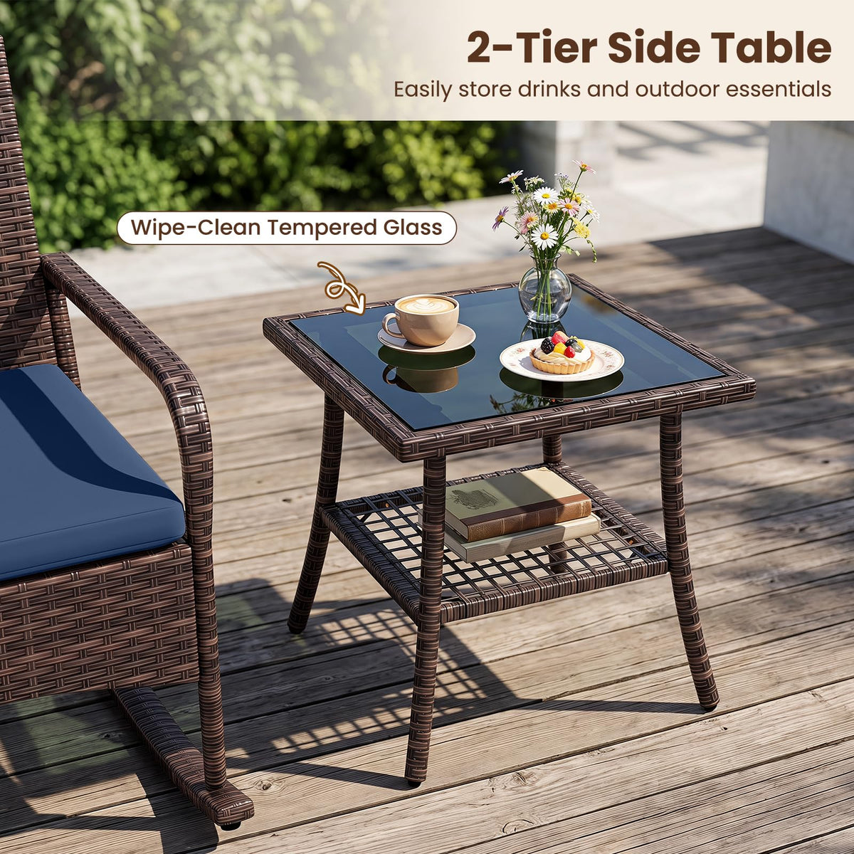 Tangkula 3-Piece Outdoor Wicker Rocking Bistro Set with 2-Tier Coffee Table