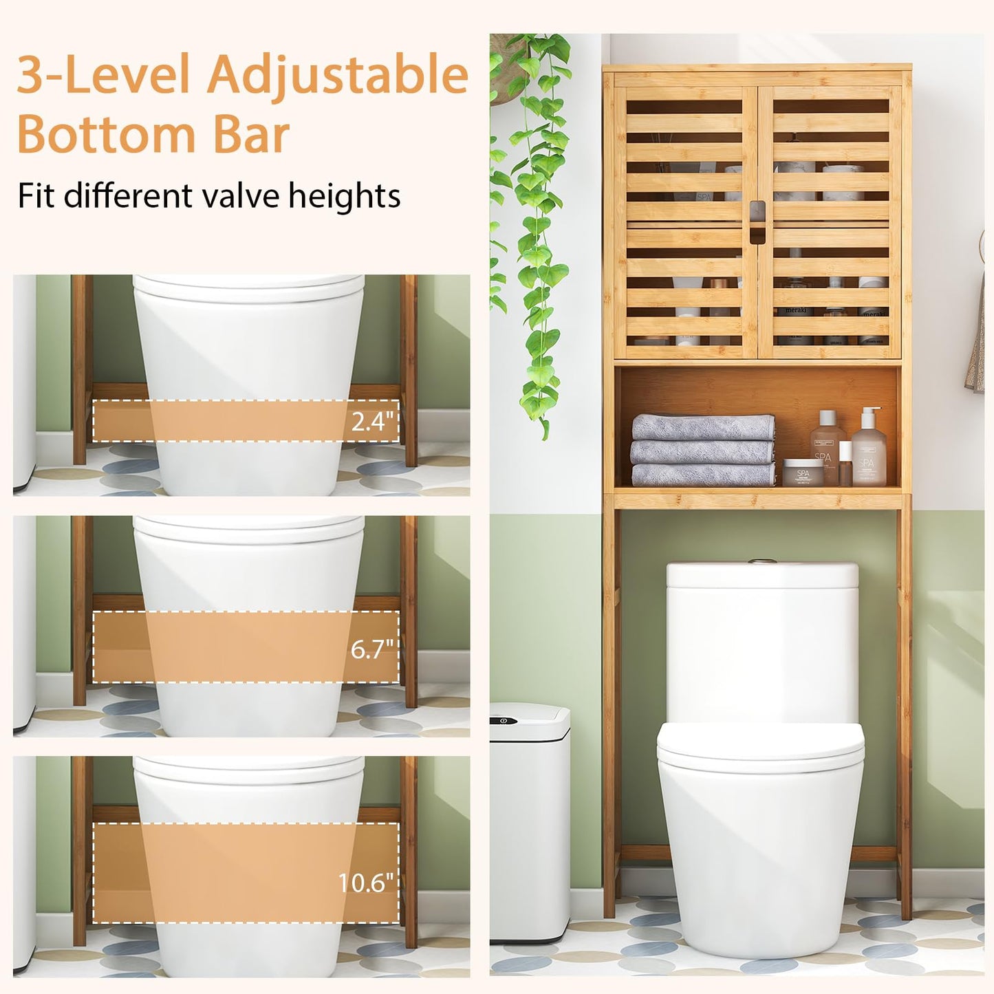 Tangkula Over The Toilet Storage Cabinet Tall Natural Bamboo Bathroom Shelf Over Toilet
