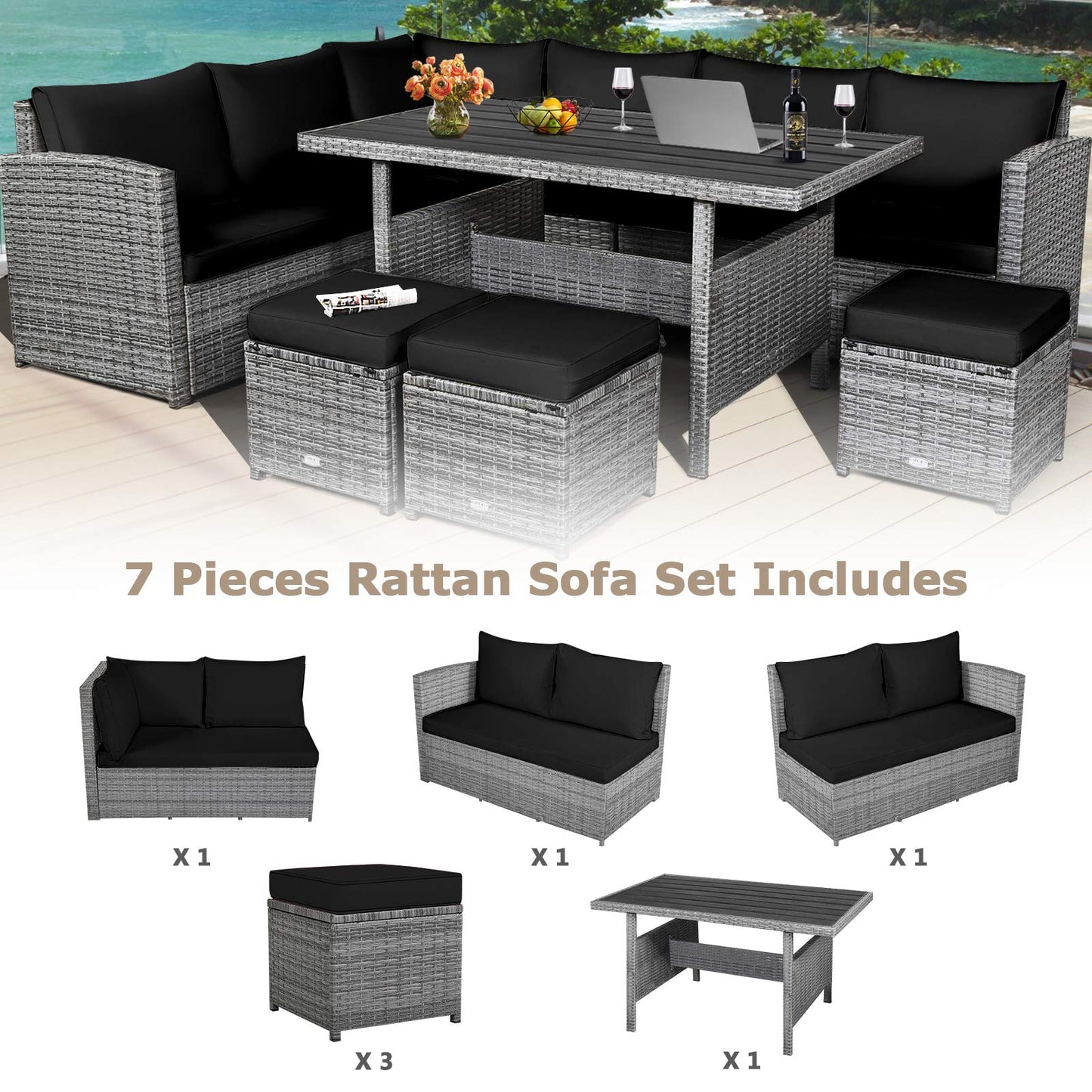 Tangkula 7 Pieces Patio Furniture Set for Backyard Garden Poolside