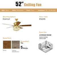 Tangkula 52" Ceiling Fan with Lights and Remote Control, Retro Lighting Ceiling Fan with 5 Blades, ETL Certification, 3 Speeds