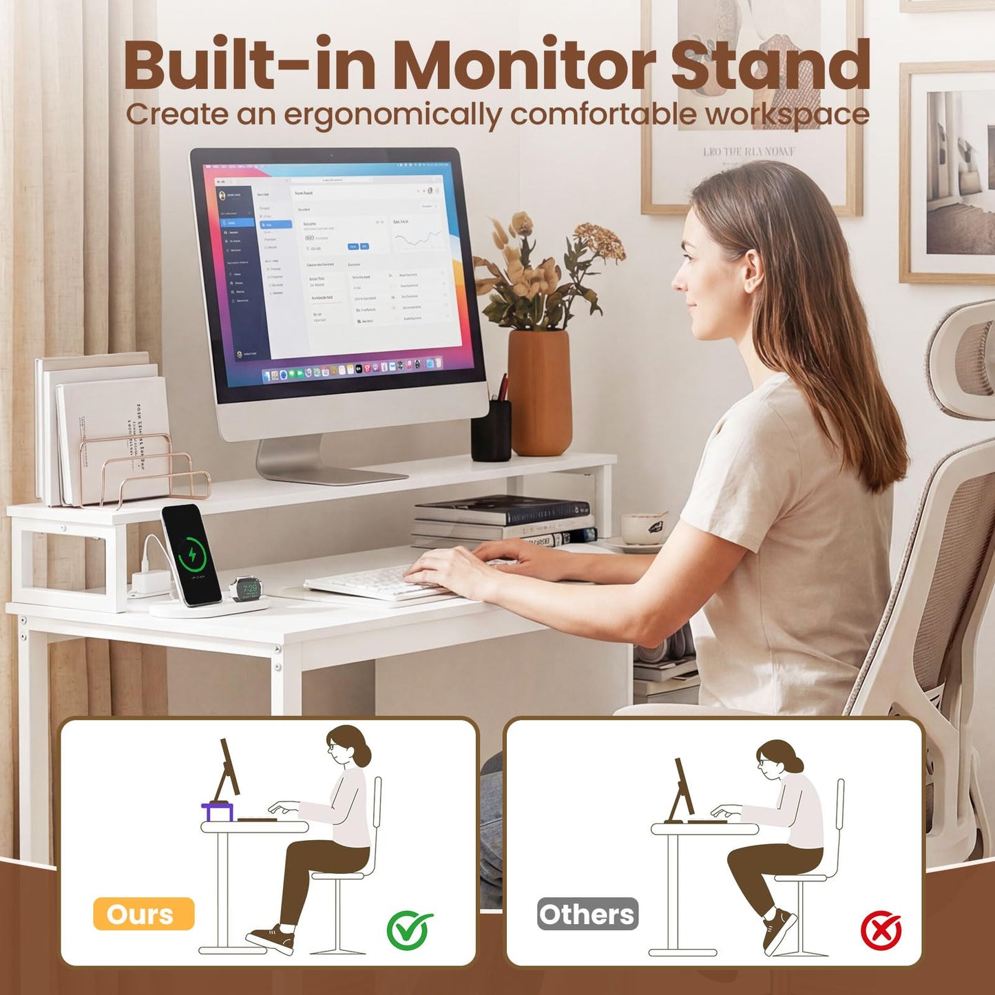 Tangkula White Desk with 2 Storage Drawers & Power Outlets