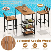 Tangkula 3 Pieces Wood Patio Bar Set with 3 Shelves