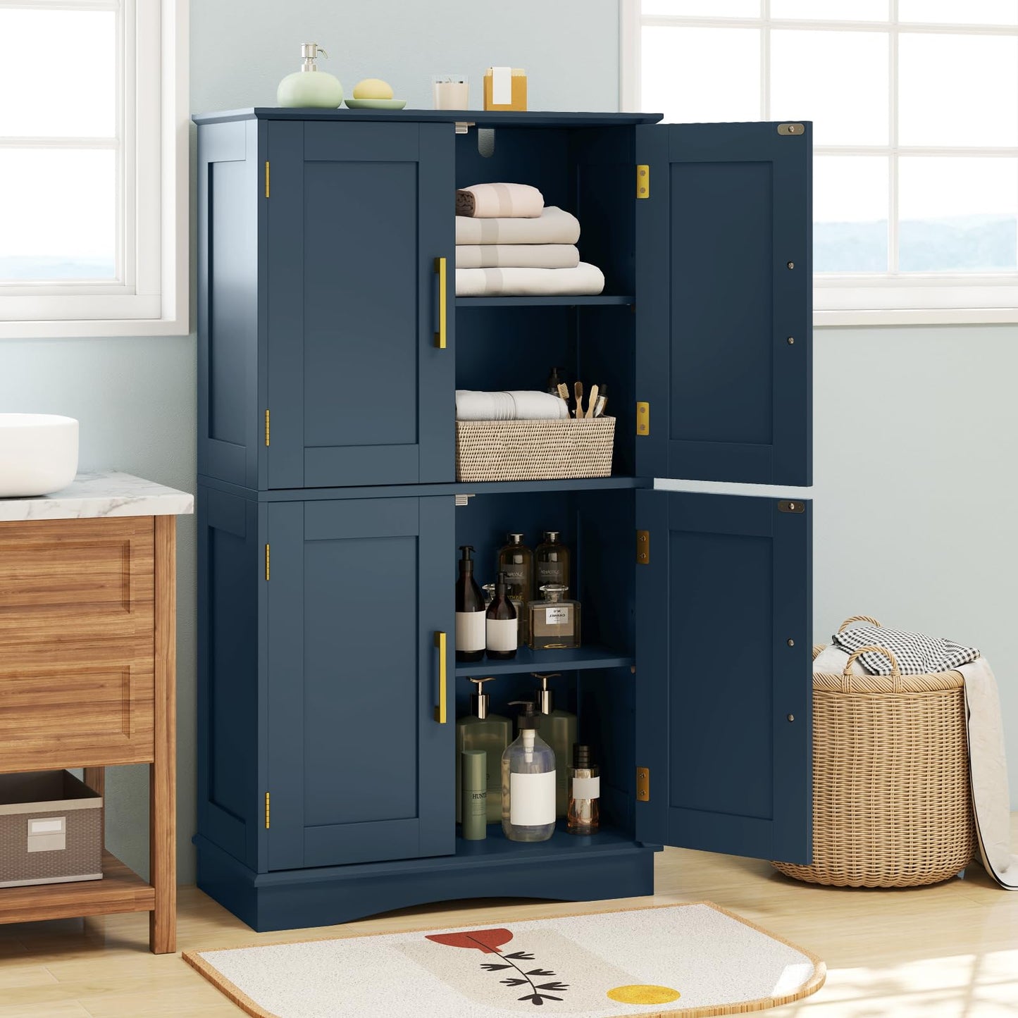 Tangkula 43.5" H Freestanding Pantry Cabinet with 4 Doors and 2 Adjustable Shelves
