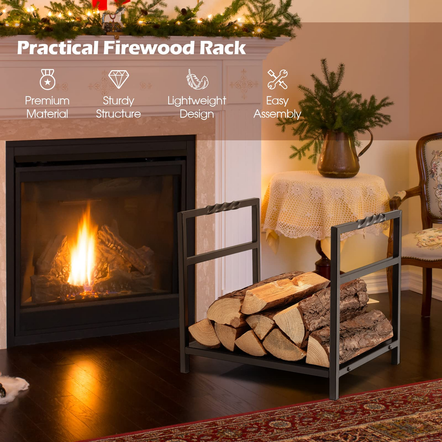 Tangkula Firewood Log Rack, Heavy Duty Firewood Holder with Unique Handle and Raised Feet