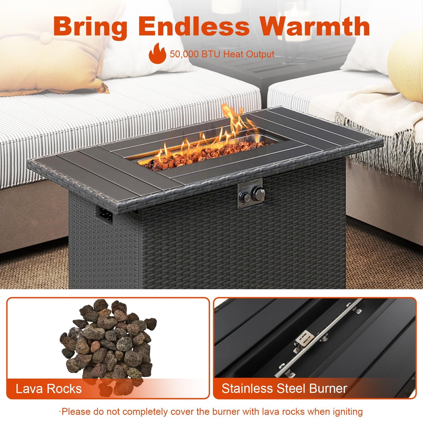 Tangkula 44.5 Inch Propane Fire Pit Table Rattan Gas 2-in-1 with Stainless Steel Burner