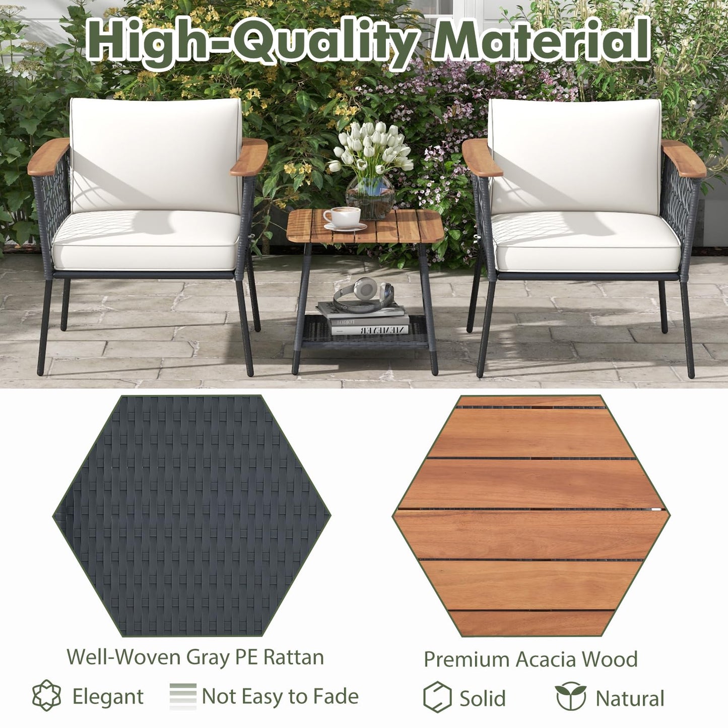 Tangkula 3 Piece Patio Furniture Set, Rattan Chair Set w/ 2-Tier Coffee Table, Acacia Wood Armrests & Tabletop, Soft Seat & Back Cushions