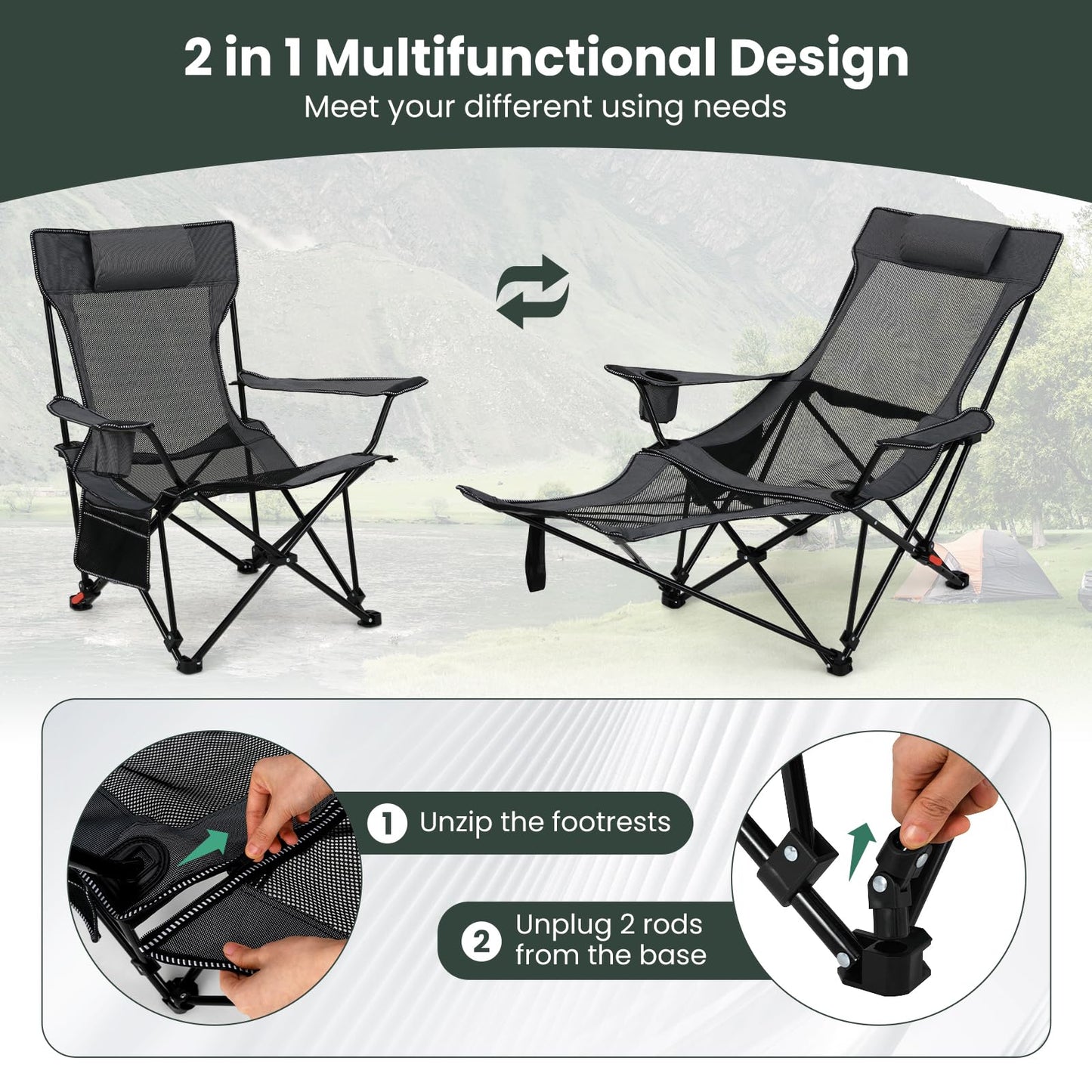 Tangkula Reclining Camping Chair with Removable Footrest