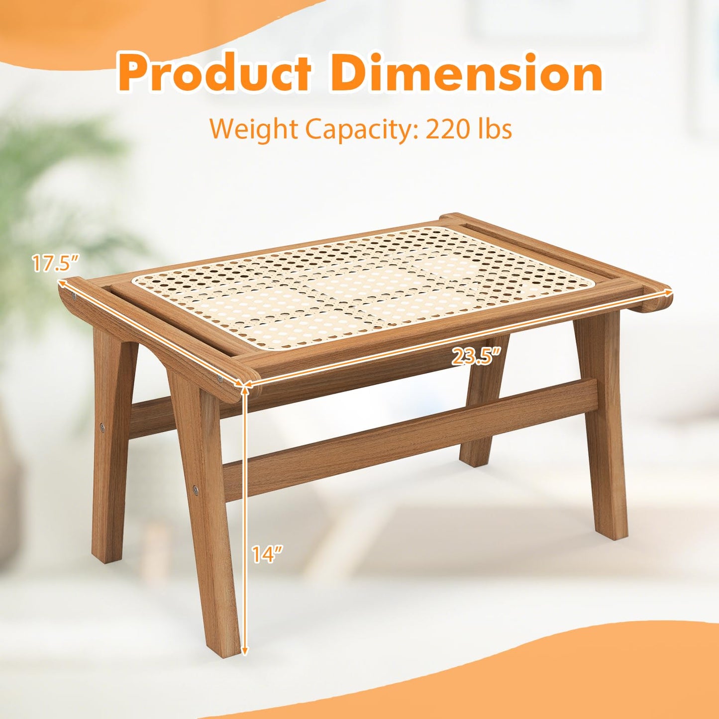 Tangkula Ottoman Footstool, Natural Teak Wooden Foot Rest with Handwoven Rattan