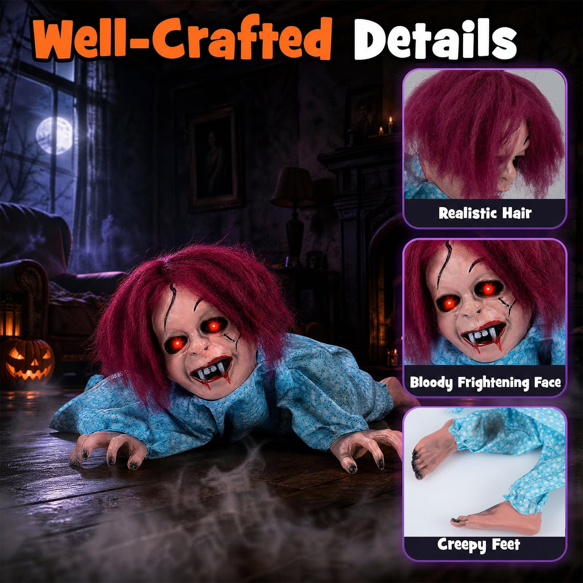 Tangkula 28" Halloween Animated Crawling Baby Doll with Glowing Eyes