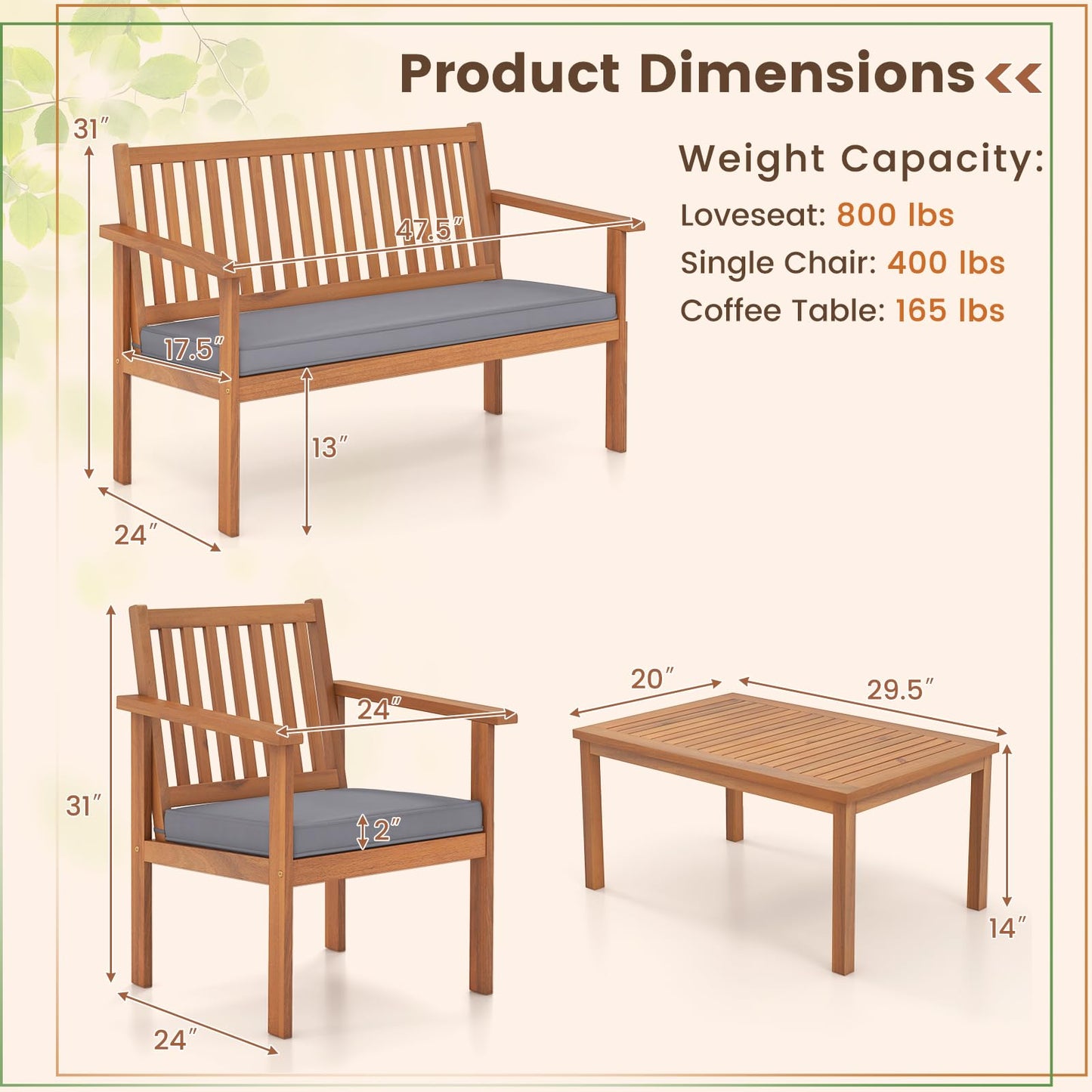 Tangkula 4 Piece Patio Wood Furniture Set, Acacia Wood Sofa Set w/Loveseat, 2 Chairs & Coffee Table
