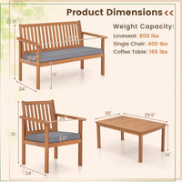 Tangkula 4 Piece Patio Wood Furniture Set, Acacia Wood Sofa Set w/Loveseat, 2 Chairs & Coffee Table