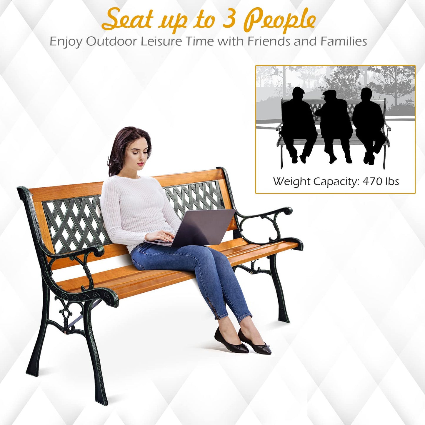 Tangkula Outdoor Garden Bench Park Bench, Patio Bench Chair with Cast Iron & Hardwood Structure