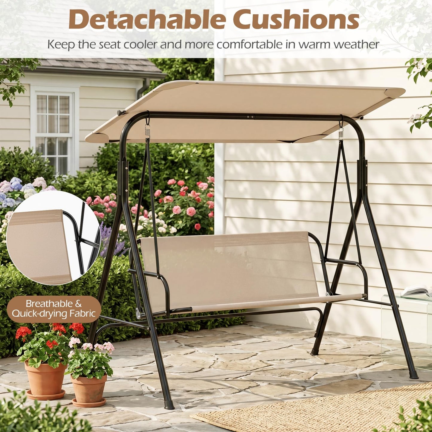 Tangkula 3 Person Porch Swing Outdoor Swing with Removable Cushions
