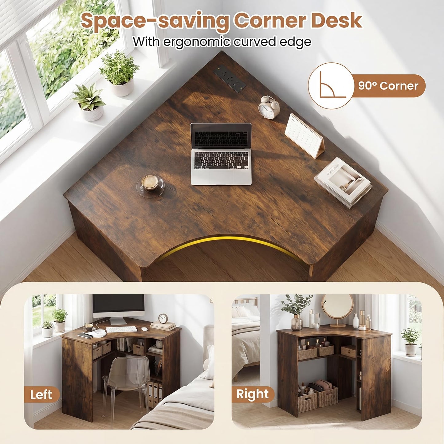 Tangkula 90-Degree Triangle Computer Desk with Ergonomic Curved Edge & Open Storage Shelves
