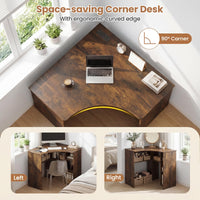 Tangkula 90-Degree Triangle Computer Desk with Ergonomic Curved Edge & Open Storage Shelves