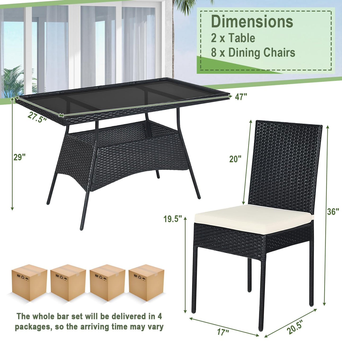 Tangkula 10 Pieces Wicker Patio Dining Set, Outdoor Rattan Table & Chairs Set with Padded Cushions