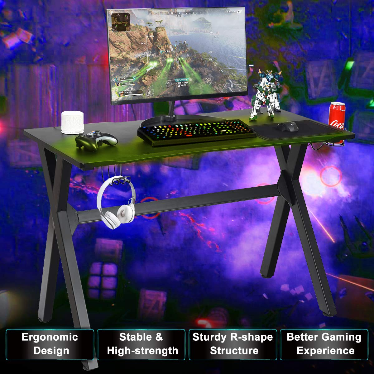 Tangkula Computer Desk Gaming Desk, Ergonomic E-Sports Desk with Cup & Headphone Holder and Mouse Pad