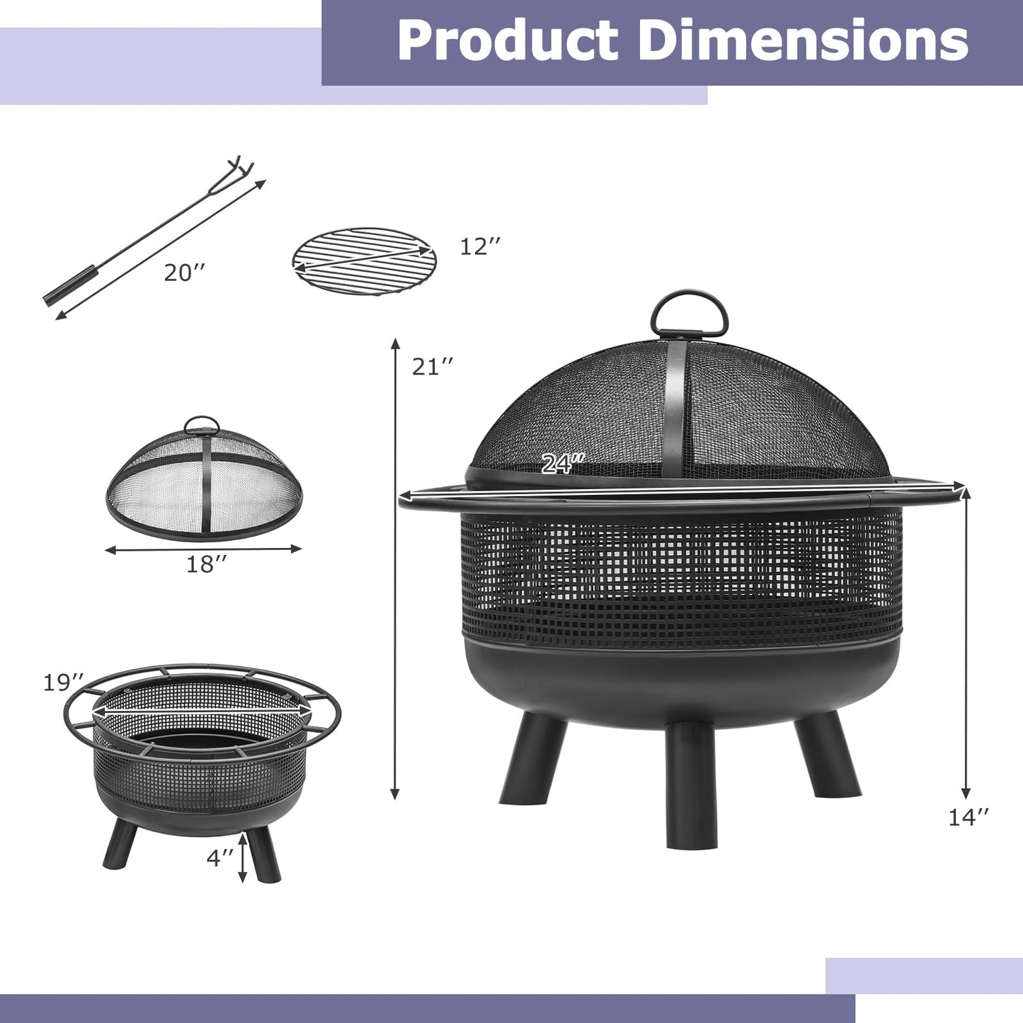 Tangkula 24 Inch Heavy-Duty Metal Fire Pit for Outside Wood Burning for Camping Bonfire