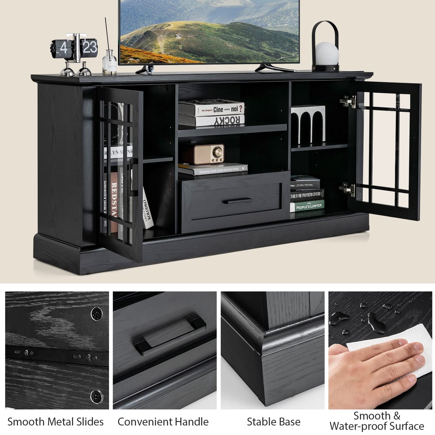 Tangkula Farmhouse TV Stand for TV up to 70 Inch, Tall Media Console Table with 2 Glass Doors