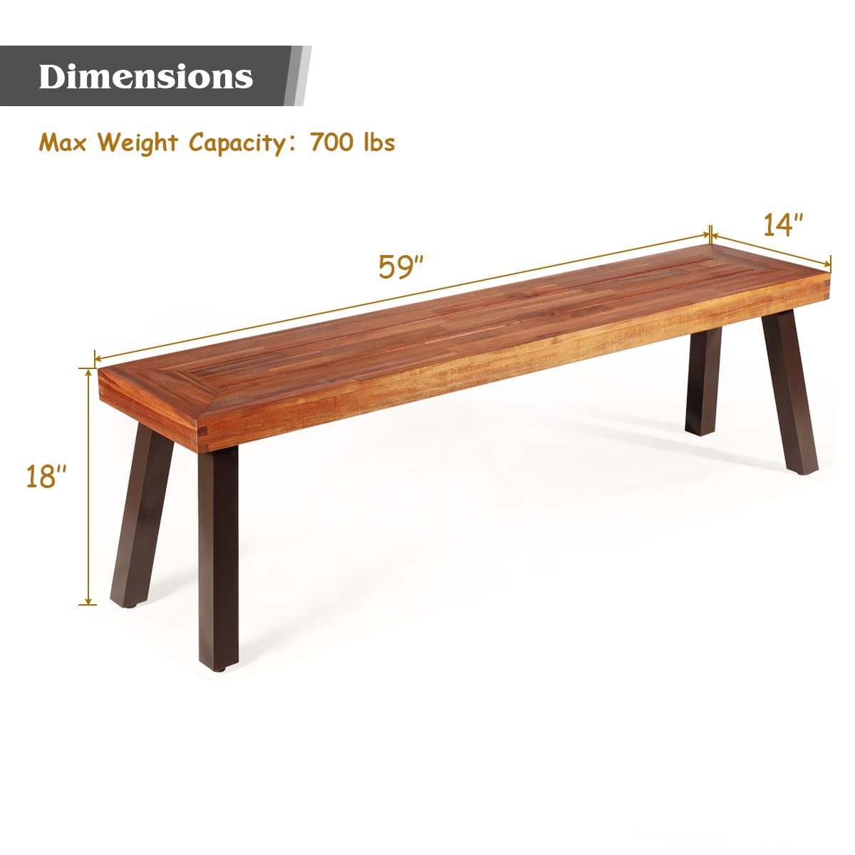 Outdoor Acacia Wood Bench, Patio Dining Bench Picnic Bench with Steel Legs