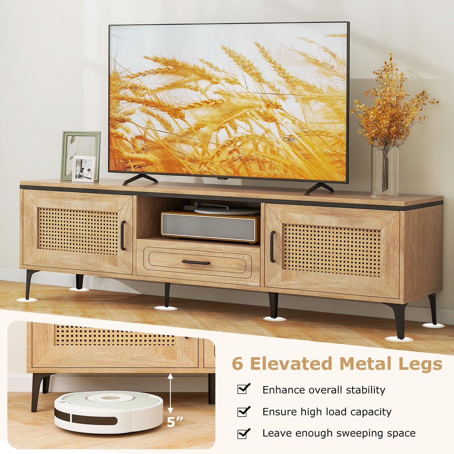 Tangkula Boho TV Stand Mid Century Modern Media Entertainment Center with Drawer